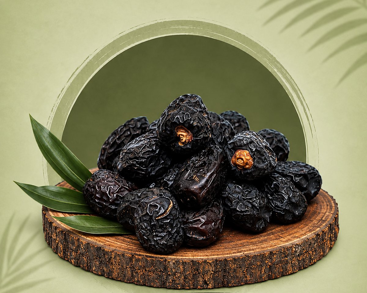 Ajwa dates on a wooden board