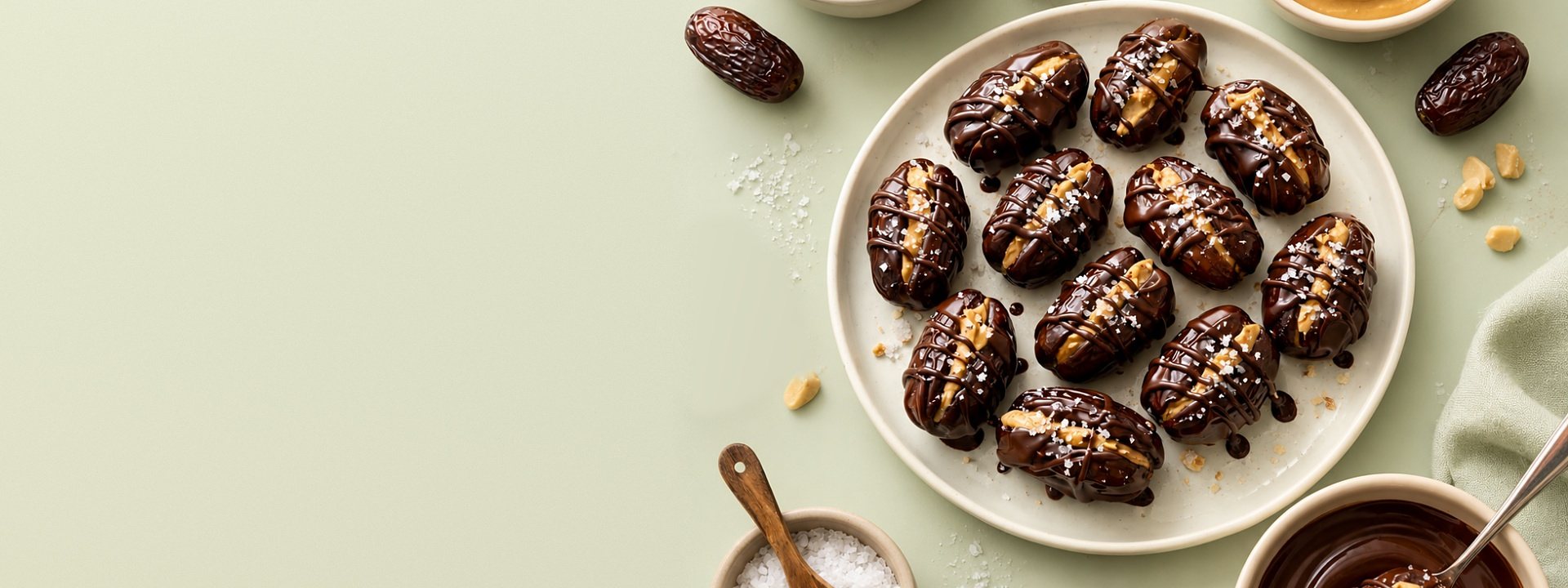 Chocolate-drizzled stuffed dates on a plate