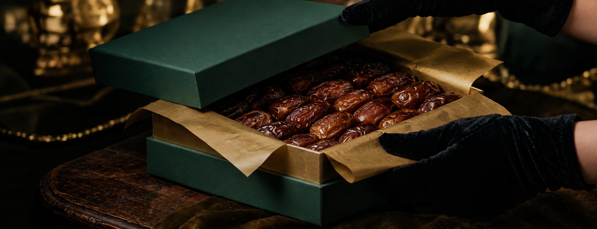 Gloved hands opening a green MadinaDates.pk gift box of dates