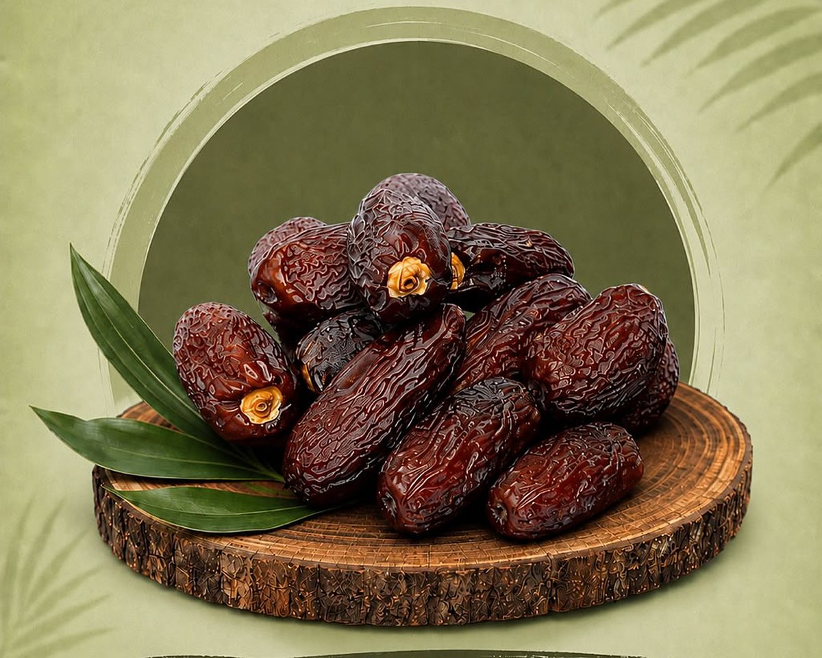 Mejdool dates on a wooden board
